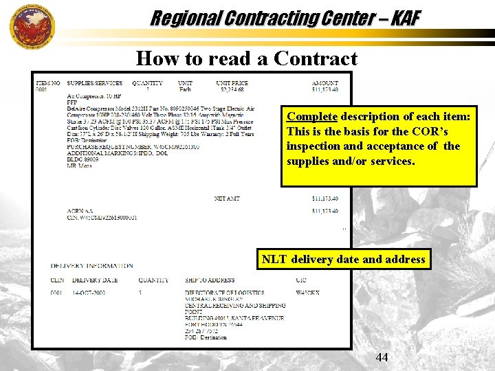 Regional Contracting Center – KAF How to read a Contract Complete description of each