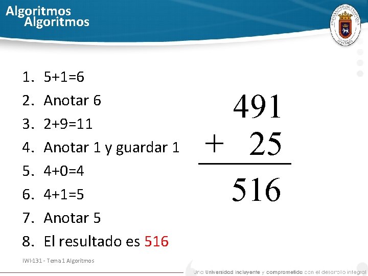 Algoritmos 1. 2. 3. 4. 5. 6. 7. 8. 5+1=6 Anotar 6 2+9=11 Anotar