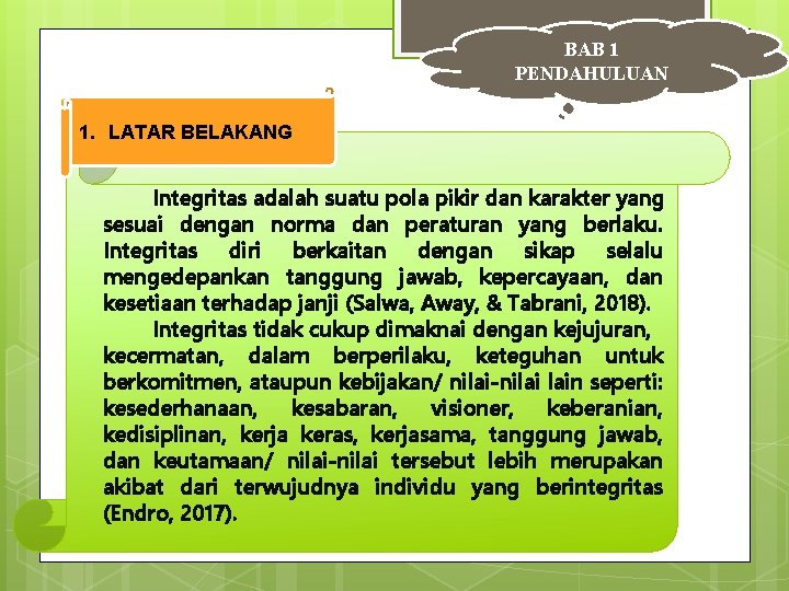 BAB 1 PENDAHULUAN 1. LATAR BELAKANG Integritas adalah suatu pola pikir dan karakter yang