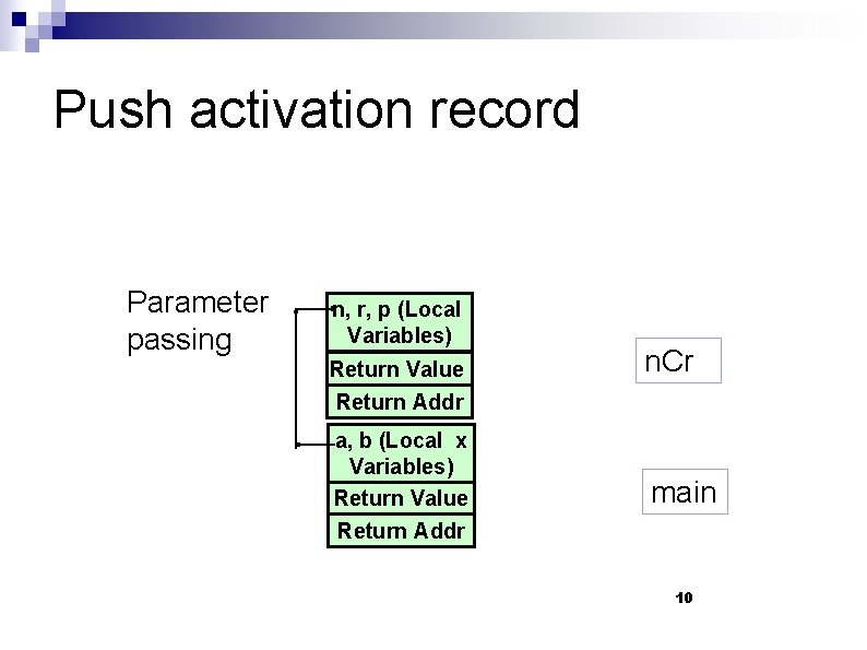 Push activation record Parameter passing n, r, p (Local Variables) Return Value Return Addr