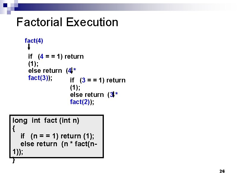 Factorial Execution fact(4) if (4 = = 1) return (1); else return (4 *