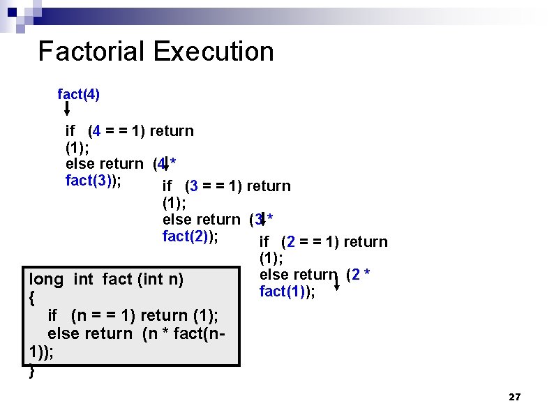 Factorial Execution fact(4) if (4 = = 1) return (1); else return (4 *