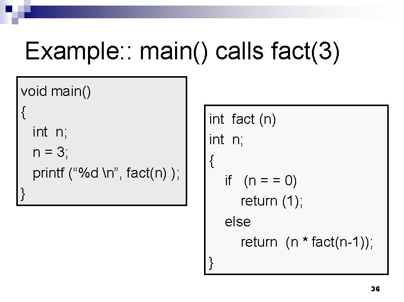 Example: : main() calls fact(3) void main() { int n; n = 3; printf