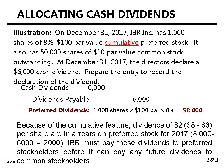 ALLOCATING CASH DIVIDENDS Illustration: On December 31, 2017, IBR Inc. has 1, 000 shares