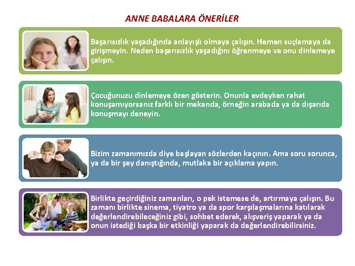 ANNE BABALARA ÖNERİLER Başarısızlık yaşadığında anlayışlı olmaya çalışın. Hemen suçlamaya da girişmeyin. Neden başarısızlık