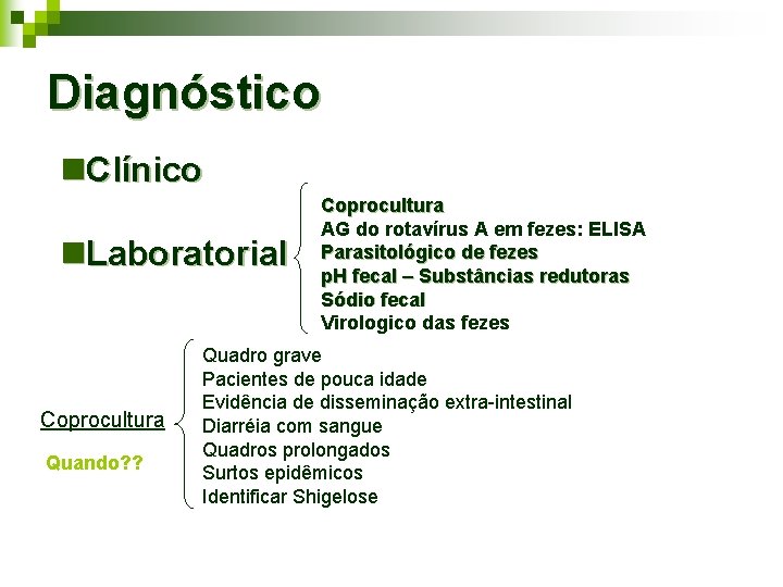 Diagnóstico n. Clínico n. Laboratorial Coprocultura Quando? ? Coprocultura AG do rotavírus A em Diagnóstico n. Clínico n. Laboratorial Coprocultura Quando? ? Coprocultura AG do rotavírus A em