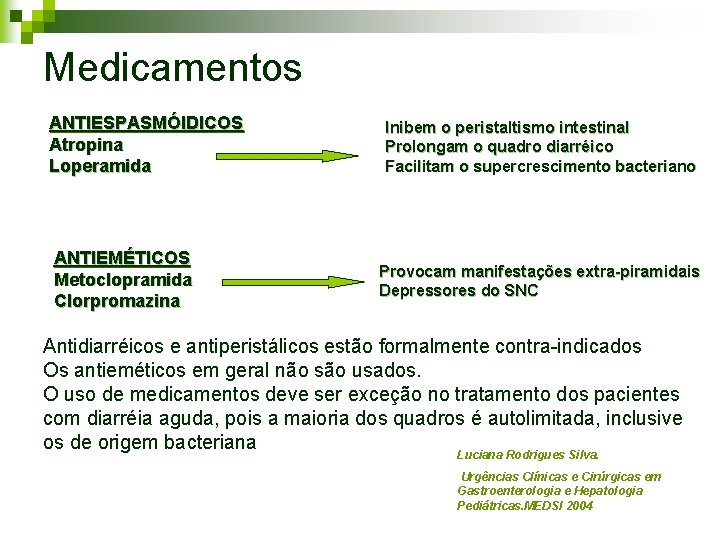 Medicamentos ANTIESPASMÓIDICOS Atropina Loperamida ANTIEMÉTICOS Metoclopramida Clorpromazina Inibem o peristaltismo intestinal Prolongam o quadro Medicamentos ANTIESPASMÓIDICOS Atropina Loperamida ANTIEMÉTICOS Metoclopramida Clorpromazina Inibem o peristaltismo intestinal Prolongam o quadro