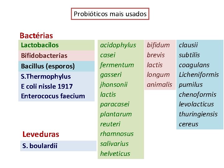 Probióticos mais usados Bactérias Lactobacilos Bifidobacterias Bacillus (esporos) S. Thermophylus E coli nissle 1917 Probióticos mais usados Bactérias Lactobacilos Bifidobacterias Bacillus (esporos) S. Thermophylus E coli nissle 1917