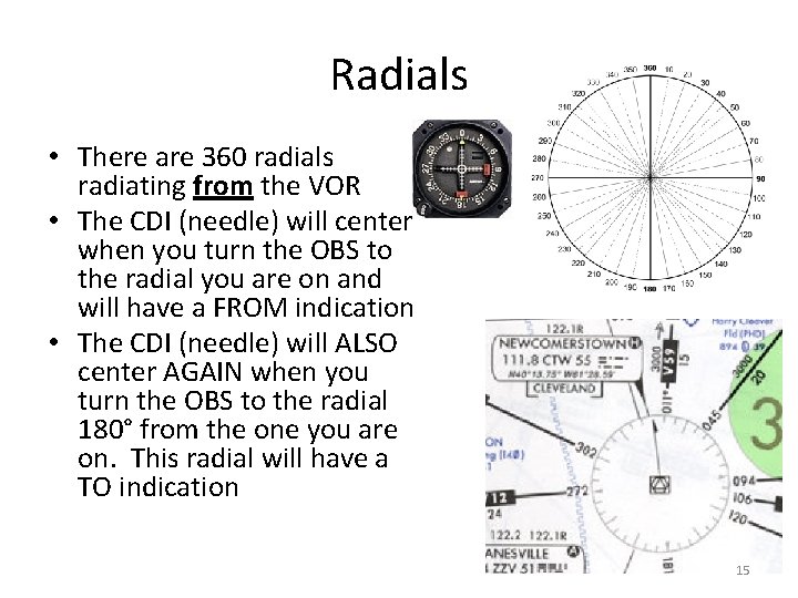 Radials • There are 360 radials radiating from the VOR • The CDI (needle)