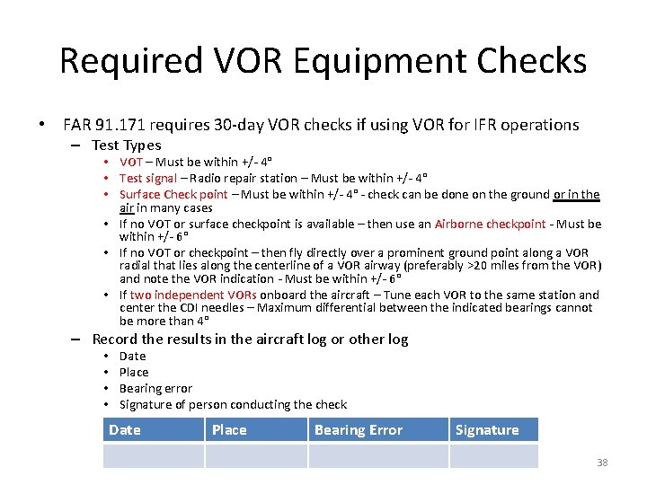 Required VOR Equipment Checks • FAR 91. 171 requires 30 -day VOR checks if