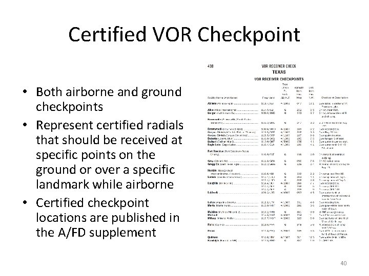 Certified VOR Checkpoint • Both airborne and ground checkpoints • Represent certified radials that