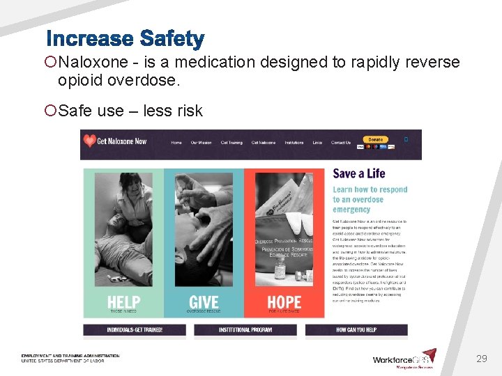 ¡Naloxone - is a medication designed to rapidly reverse opioid overdose. ¡Safe use –