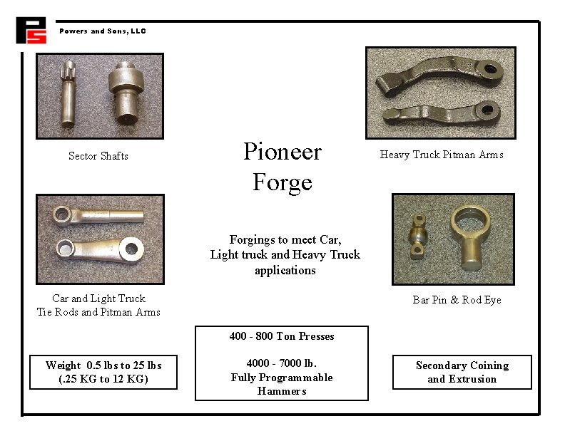Powers and Sons, LLC Sector Shafts Pioneer Forge Heavy Truck Pitman Arms Forgings to