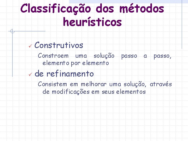 Classificação dos métodos heurísticos ü Construtivos Constroem uma solução elemento por elemento ü passo