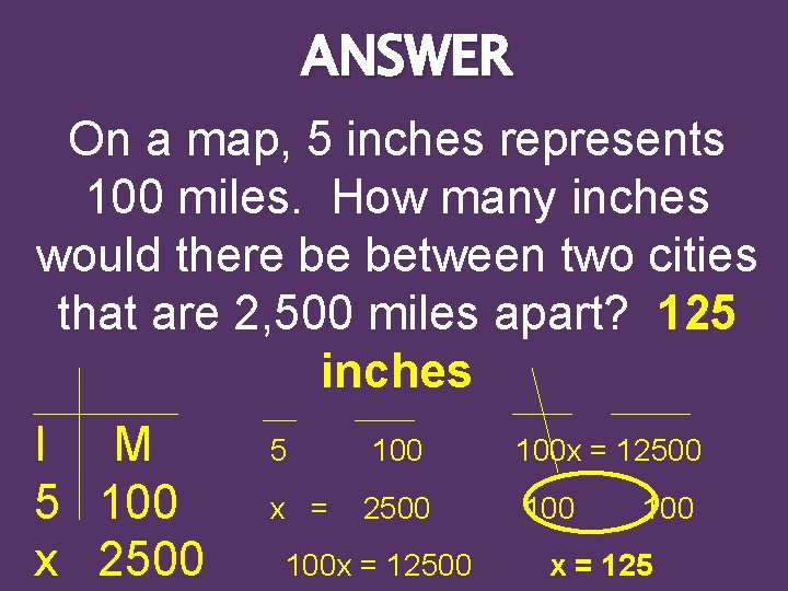ANSWER On a map, 5 inches represents 100 miles. How many inches would there