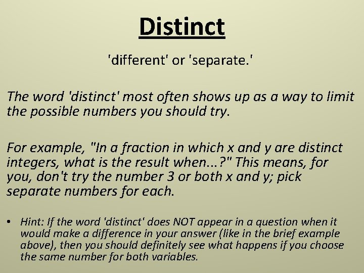 Distinct 'different' or 'separate. ' The word 'distinct' most often shows up as a Distinct 'different' or 'separate. ' The word 'distinct' most often shows up as a
