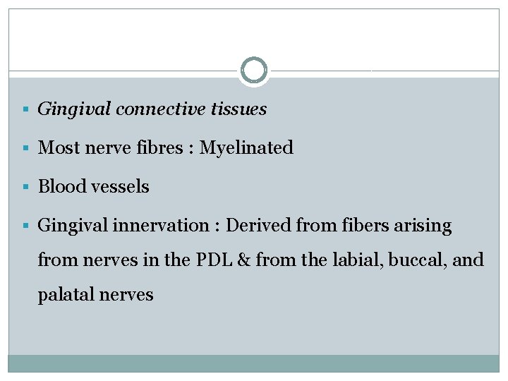 § Gingival connective tissues § Most nerve fibres : Myelinated § Blood vessels §