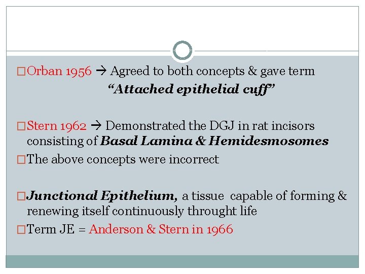 �Orban 1956 Agreed to both concepts & gave term “Attached epithelial cuff” �Stern 1962