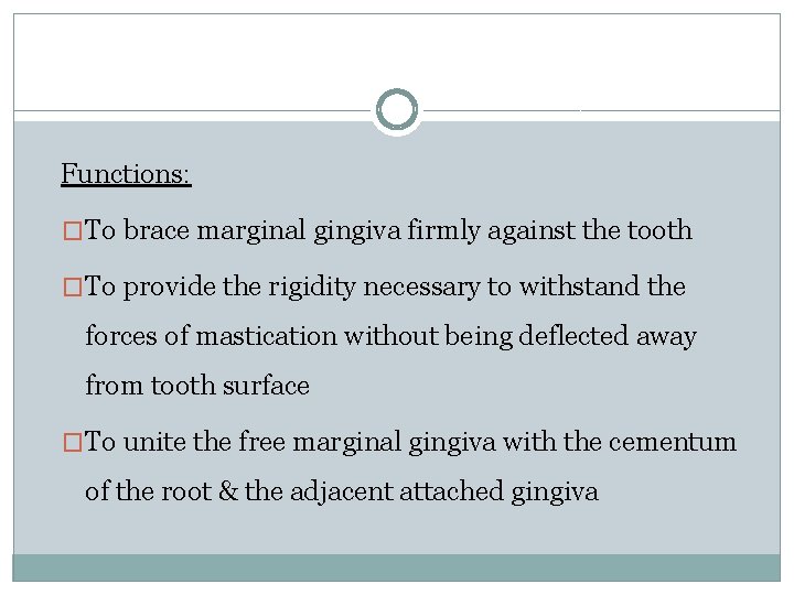 Functions: �To brace marginal gingiva firmly against the tooth �To provide the rigidity necessary