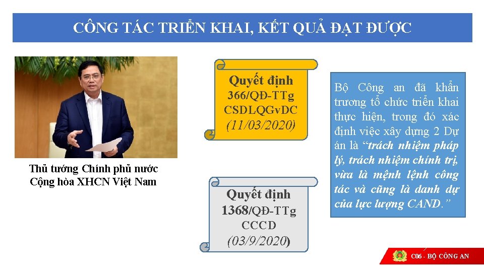 CÔNG TÁC TRIỂN KHAI, KẾT QUẢ ĐẠT ĐƯỢC Quyết định 366/QĐ-TTg CSDLQGv. DC (11/03/2020)