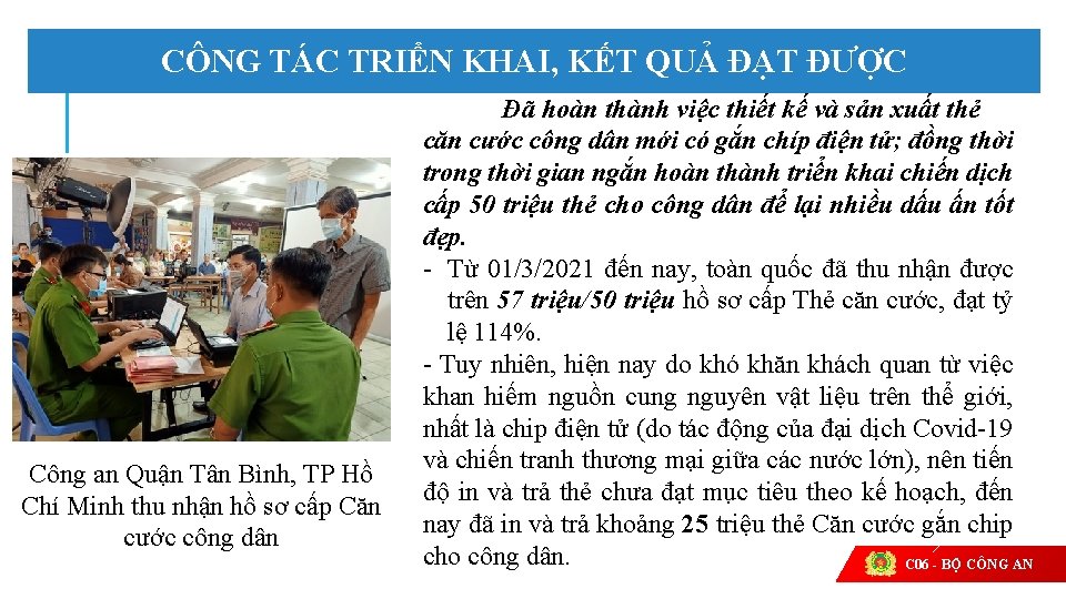 CÔNG TÁC TRIỂN KHAI, KẾT QUẢ ĐẠT ĐƯỢC Công an Quận Tân Bình, TP