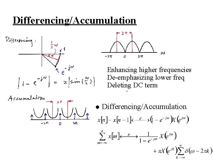 Differencing/Accumulation Enhancing higher frequencies De-emphasizing lower freq Deleting DC term l Differencing/Accumulation 