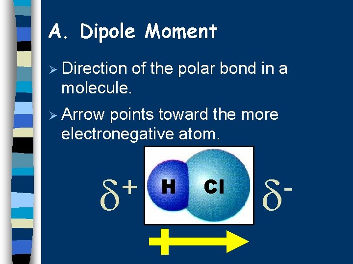 A. Dipole Moment Ø Direction of the polar bond in a molecule. Ø Arrow