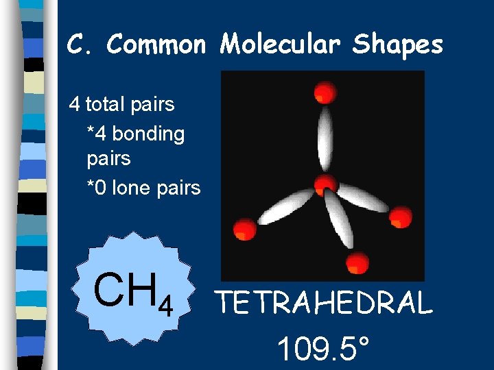 C. Common Molecular Shapes 4 total pairs *4 bonding pairs *0 lone pairs CH