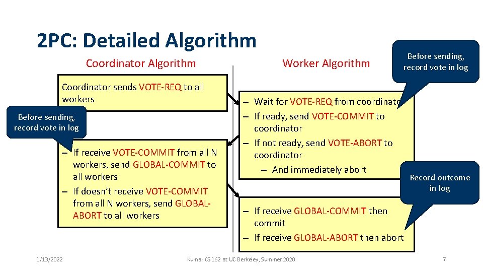 2 PC: Detailed Algorithm Coordinator sends VOTE-REQ to all workers Before sending, record vote