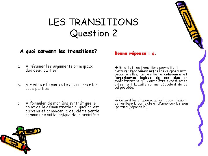 LES TRANSITIONS Question 2 A quoi servent les transitions? a. A résumer les arguments