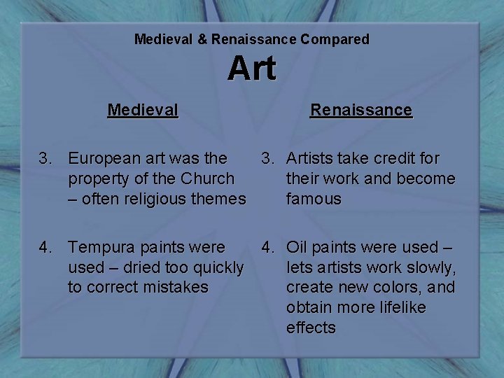 Medieval & Renaissance Compared Art Medieval Renaissance 3. European art was the 3. Artists