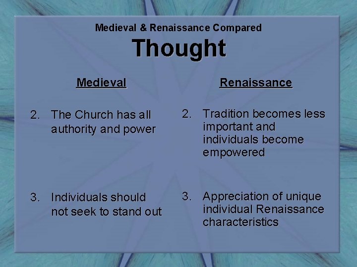 Medieval & Renaissance Compared Thought Medieval Renaissance 2. The Church has all authority and