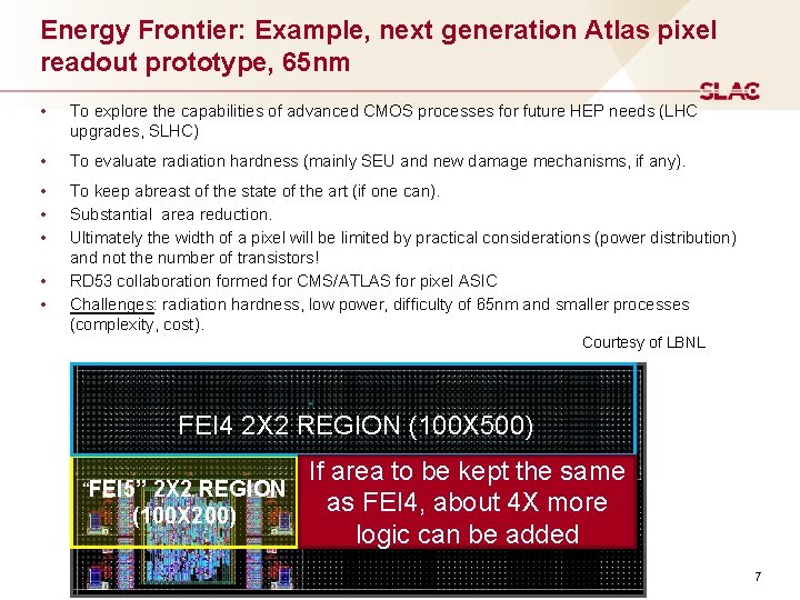 Energy Frontier: Example, next generation Atlas pixel readout prototype, 65 nm • To explore