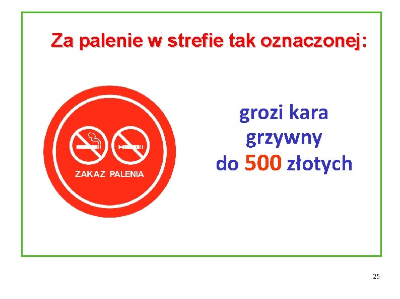 Za palenie w strefie tak oznaczonej: grozi kara grzywny do 500 złotych 25 