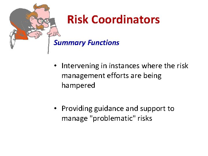 Risk Coordinators Summary Functions • Intervening in instances where the risk management efforts are