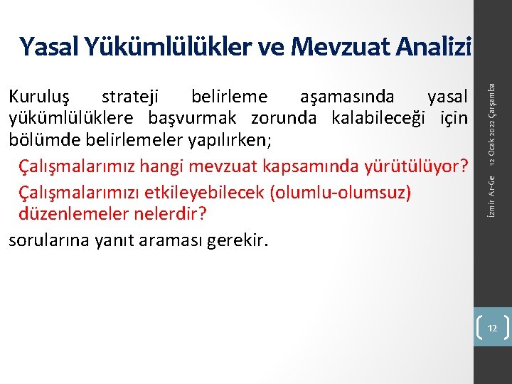 12 Ocak 2022 Çarşamba Yasal Yükümlülükler ve Mevzuat Analizi İzmir Ar-Ge Kuruluş strateji belirleme