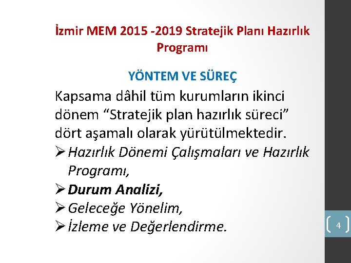 İzmir MEM 2015 -2019 Stratejik Planı Hazırlık Programı YÖNTEM VE SÜREÇ Kapsama dâhil tüm