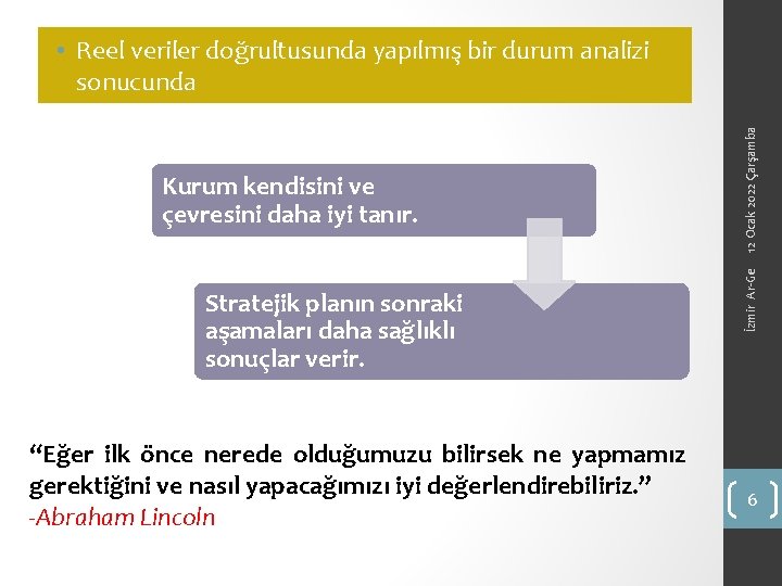 Stratejik planın sonraki aşamaları daha sağlıklı sonuçlar verir. “Eğer ilk önce nerede olduğumuzu bilirsek