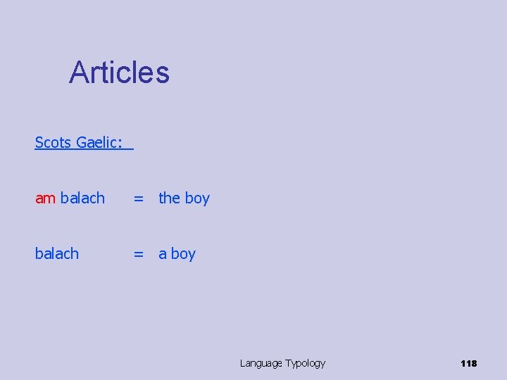 Articles Scots Gaelic: am balach = the boy balach = a boy Language Typology