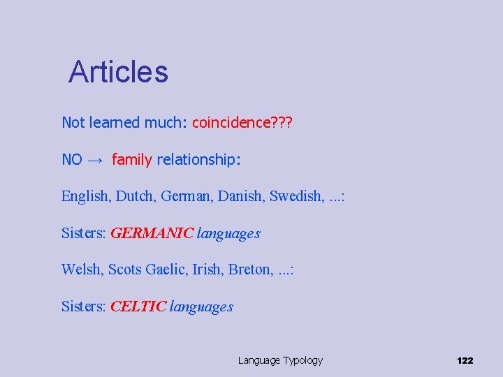 Articles Not learned much: coincidence? ? ? NO → family relationship: English, Dutch, German,
