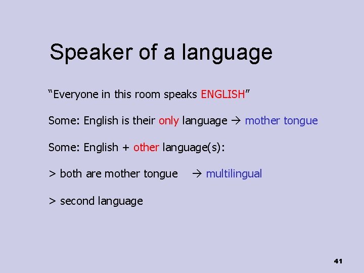 Speaker of a language “Everyone in this room speaks ENGLISH” Some: English is their