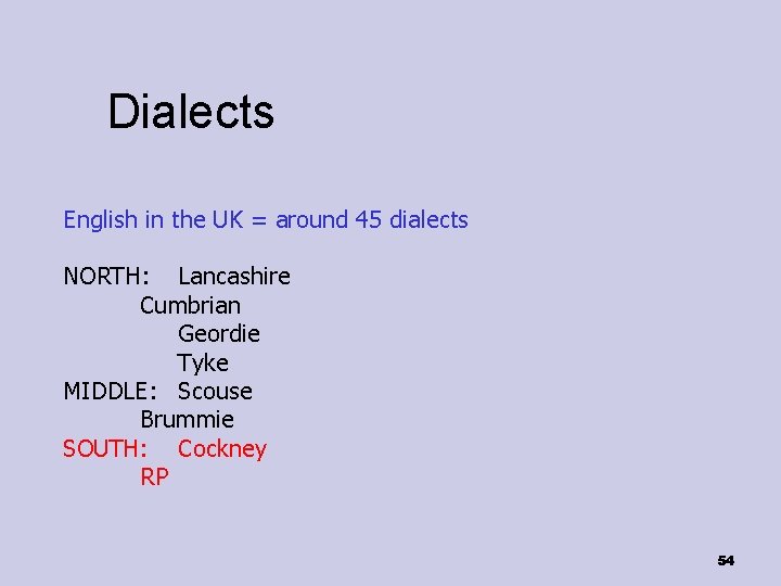 Dialects English in the UK = around 45 dialects NORTH: Lancashire Cumbrian Geordie Tyke