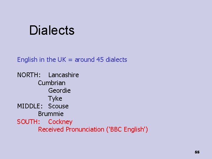 Dialects English in the UK = around 45 dialects NORTH: Lancashire Cumbrian Geordie Tyke