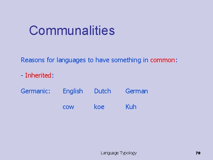 Communalities Reasons for languages to have something in common: - Inherited: Germanic: English Dutch