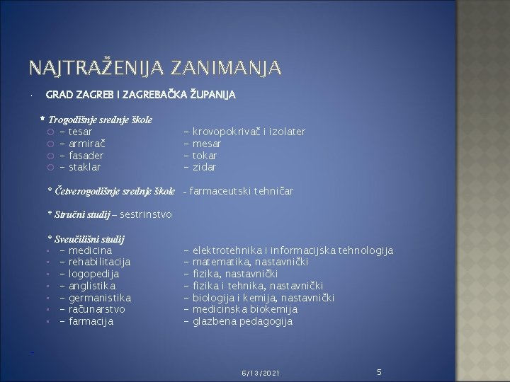 NAJTRAŽENIJA ZANIMANJA GRAD ZAGREB I ZAGREBAČKA ŽUPANIJA * Trogodišnje srednje škole - tesar -