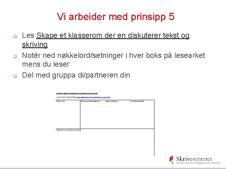 Vi arbeider med prinsipp 5 q q q Les Skape et klasserom der en