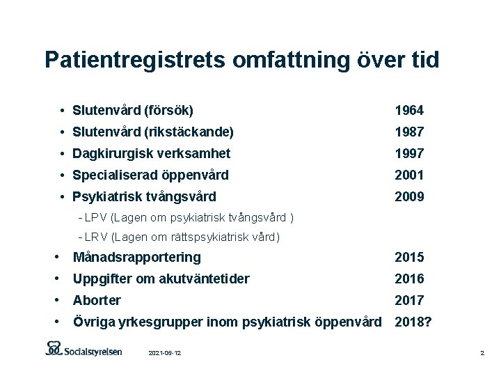 Patientregistrets omfattning över tid • Slutenvård (försök) 1964 • Slutenvård (rikstäckande) 1987 • Dagkirurgisk