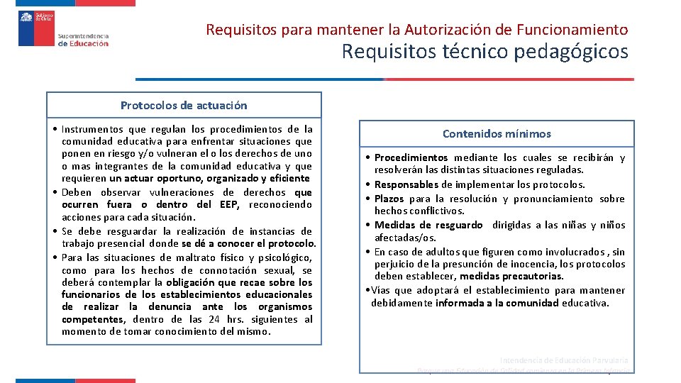 Requisitos para mantener la Autorización de Funcionamiento Requisitos técnico pedagógicos Protocolos de actuación •