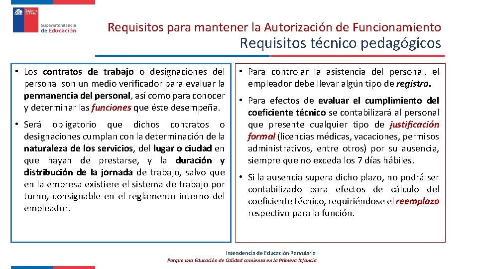 Requisitos para mantener la Autorización de Funcionamiento Requisitos técnico pedagógicos • Los contratos de