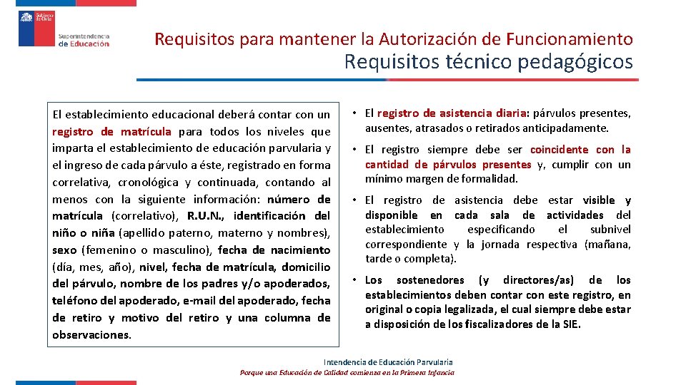 Requisitos para mantener la Autorización de Funcionamiento Requisitos técnico pedagógicos El establecimiento educacional deberá